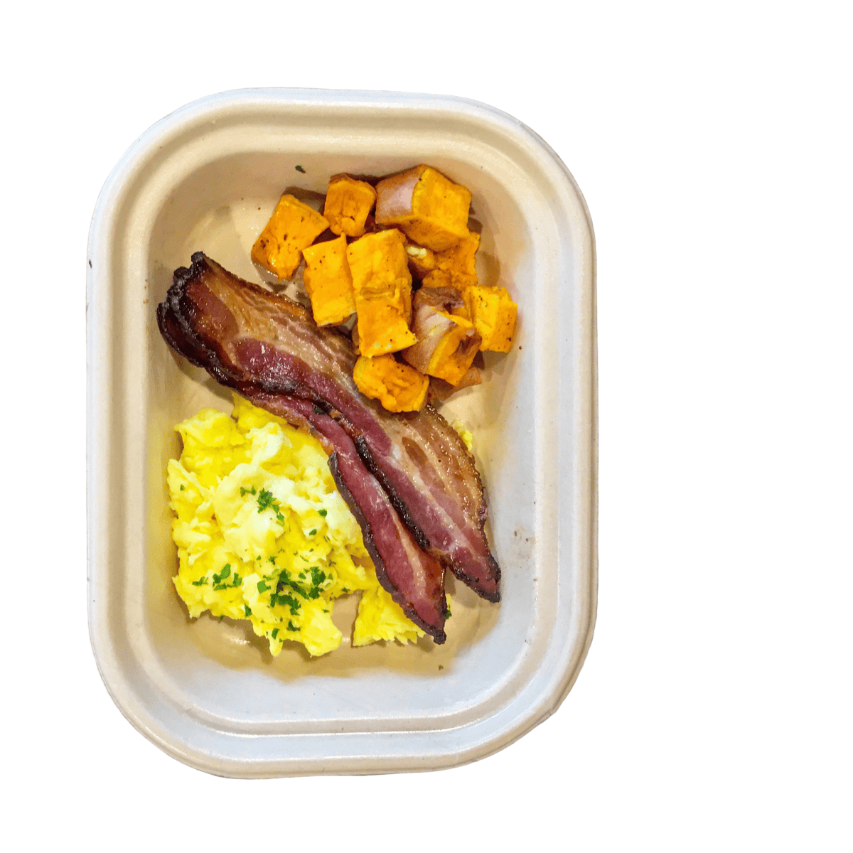 SCRAMBLED EGGS w SWEET POTATO HASH + BACON