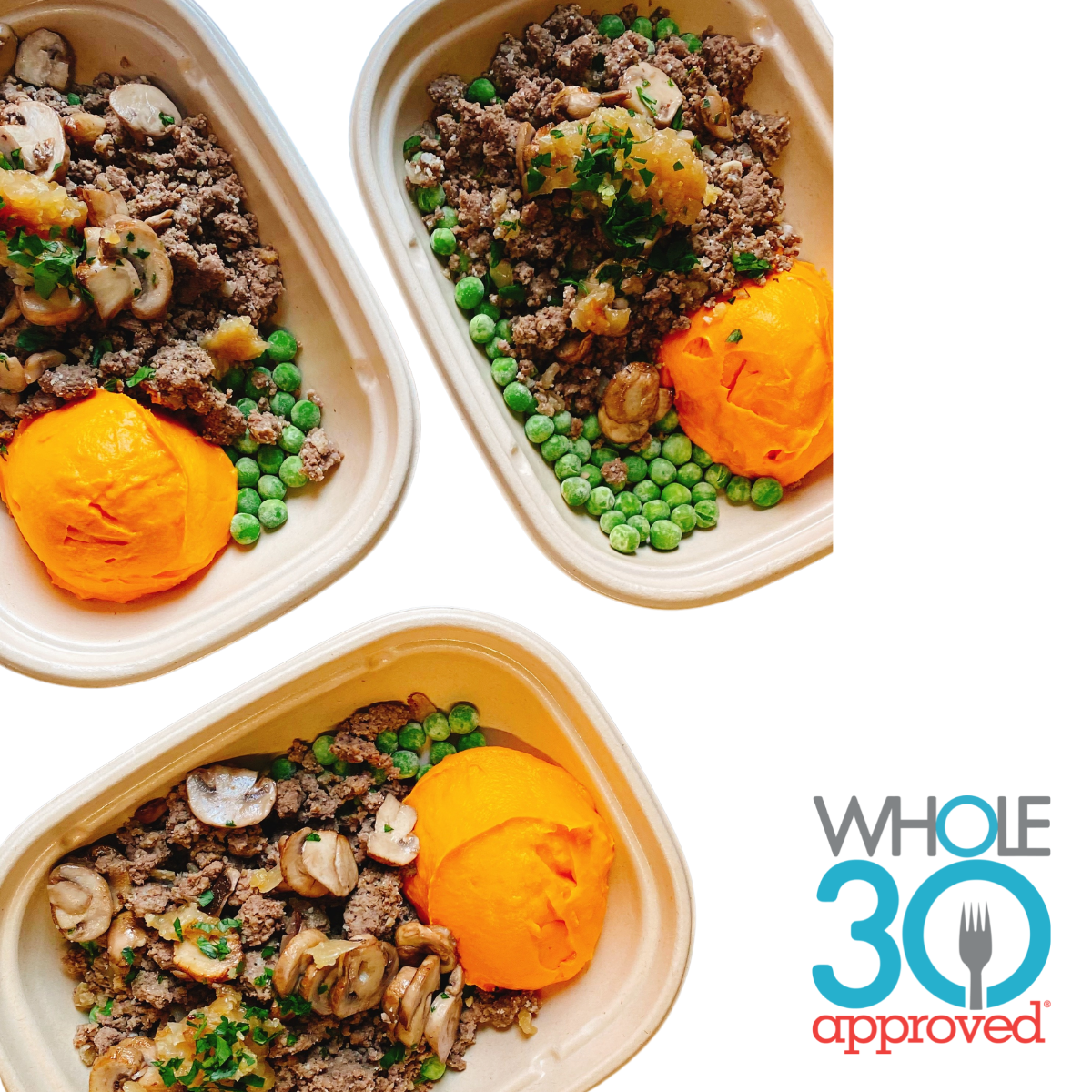 SWEET ONION + MUSHROOM BEEF CRUMBLE w SWEET CARROT PUREE + GREEN PEAS