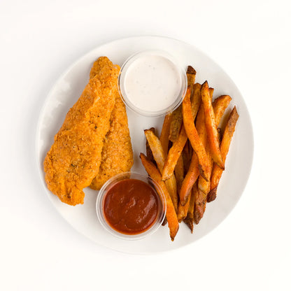 CHICKEN STRIPS + SPICED STEAK FRIES w BBQ + PALEO RANCH