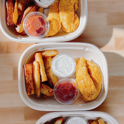 CHICKEN STRIPS + SPICED STEAK FRIES w BBQ + PALEO RANCH